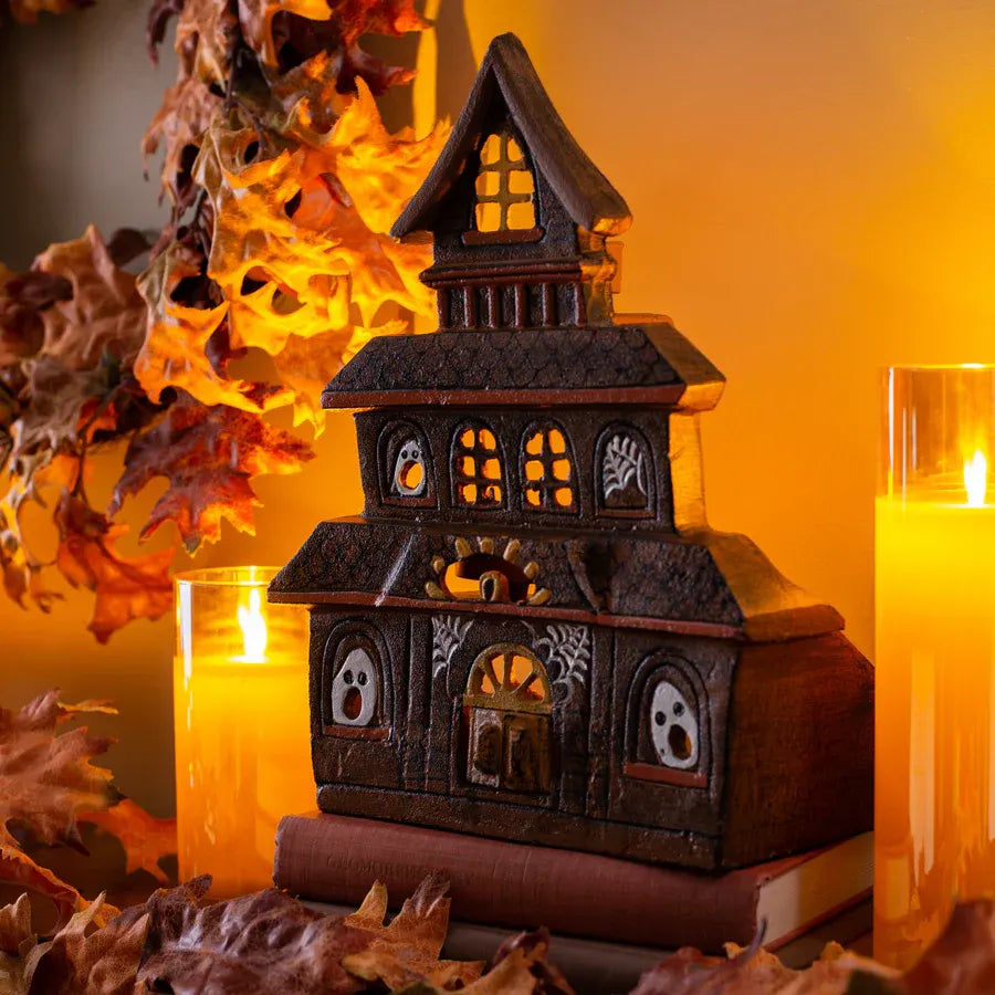 Spooky Ceramic Ghost Haunted House Luminary Candle